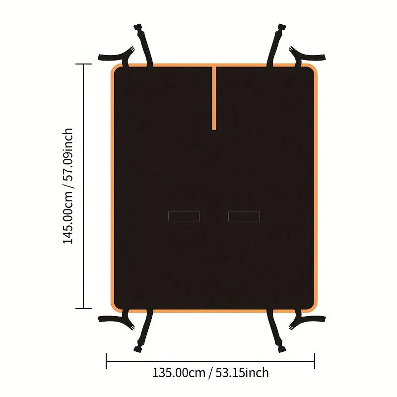 Diagram of the seat cover: 57.09 x 53.15 in (145 x 135 cm), with a strap at each corner