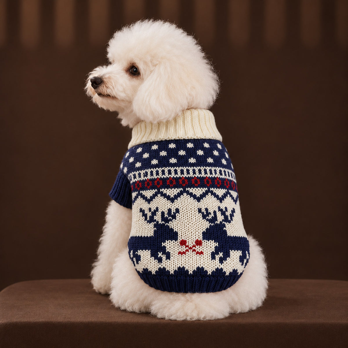 White toy poodle seen from behind in the navy and cream sweater with two navy reindeer
