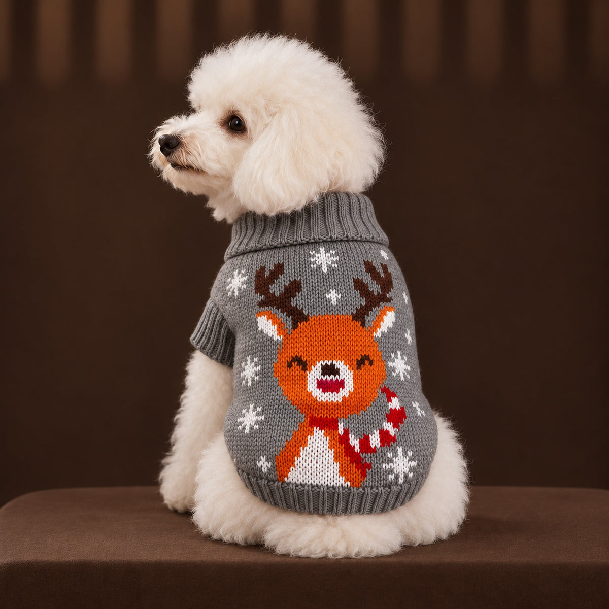 White toy poodle seen from behind in the gray sweater with an orange reindeer face and a striped scarf
