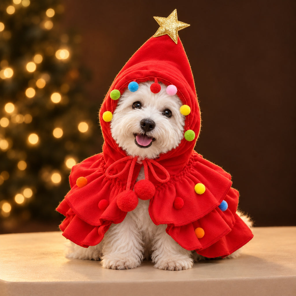 White Westie wearing the red Christmas tree cape with a gold star on the hood and colorful pom-poms