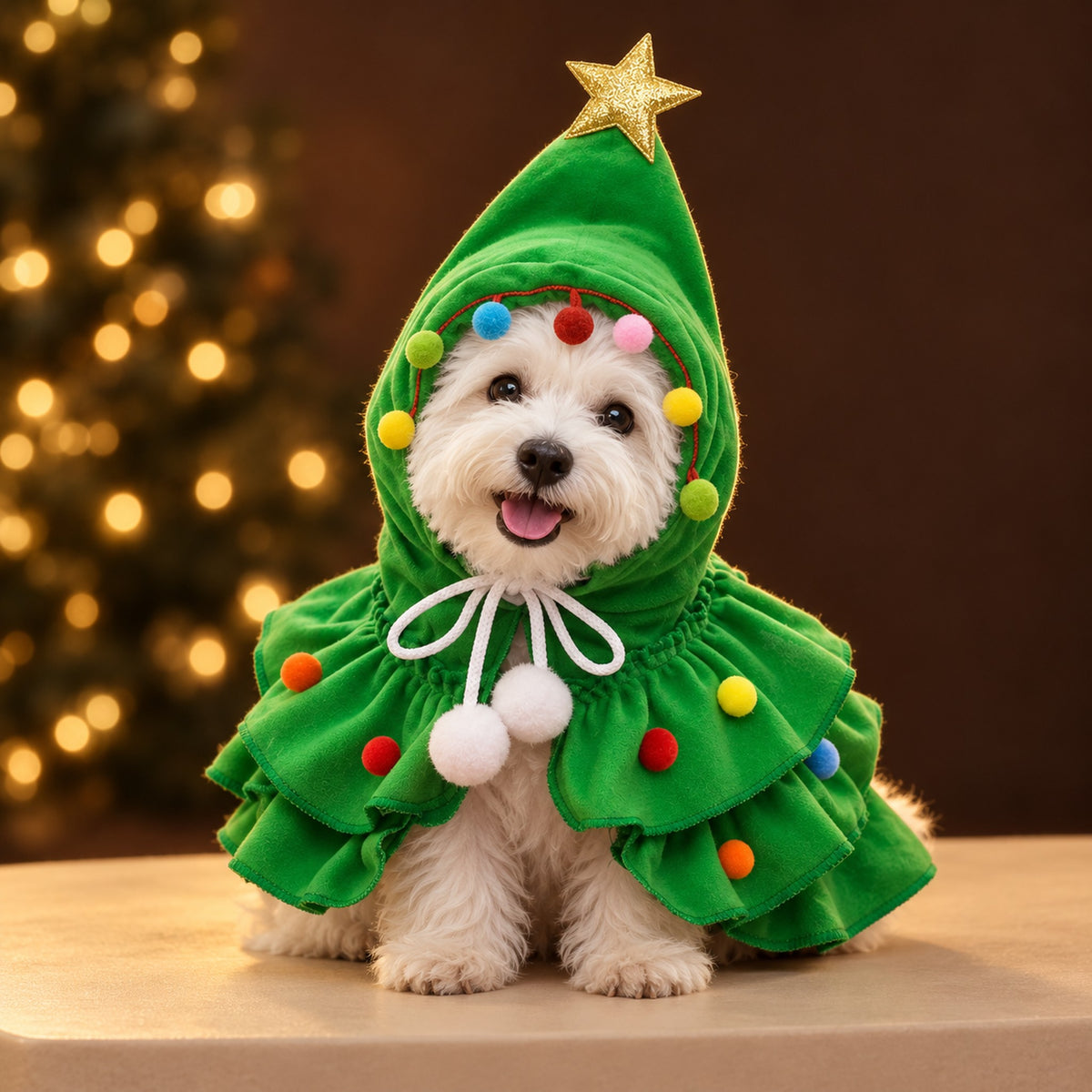 White Westie wearing the green Christmas tree cape with a gold star on the hood and colorful pom-poms