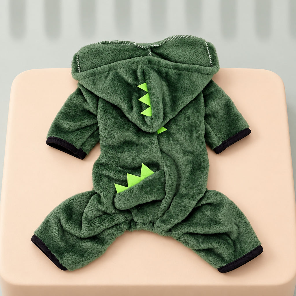 Green dinosaur jumpsuit laid flat from the back: spiked hood, short spiked tail flap and four legs with black cuffs