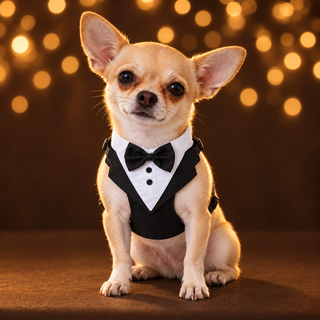 Fawn Chihuahua sitting in the black tuxedo harness vest with a white shirt front and a black bow tie