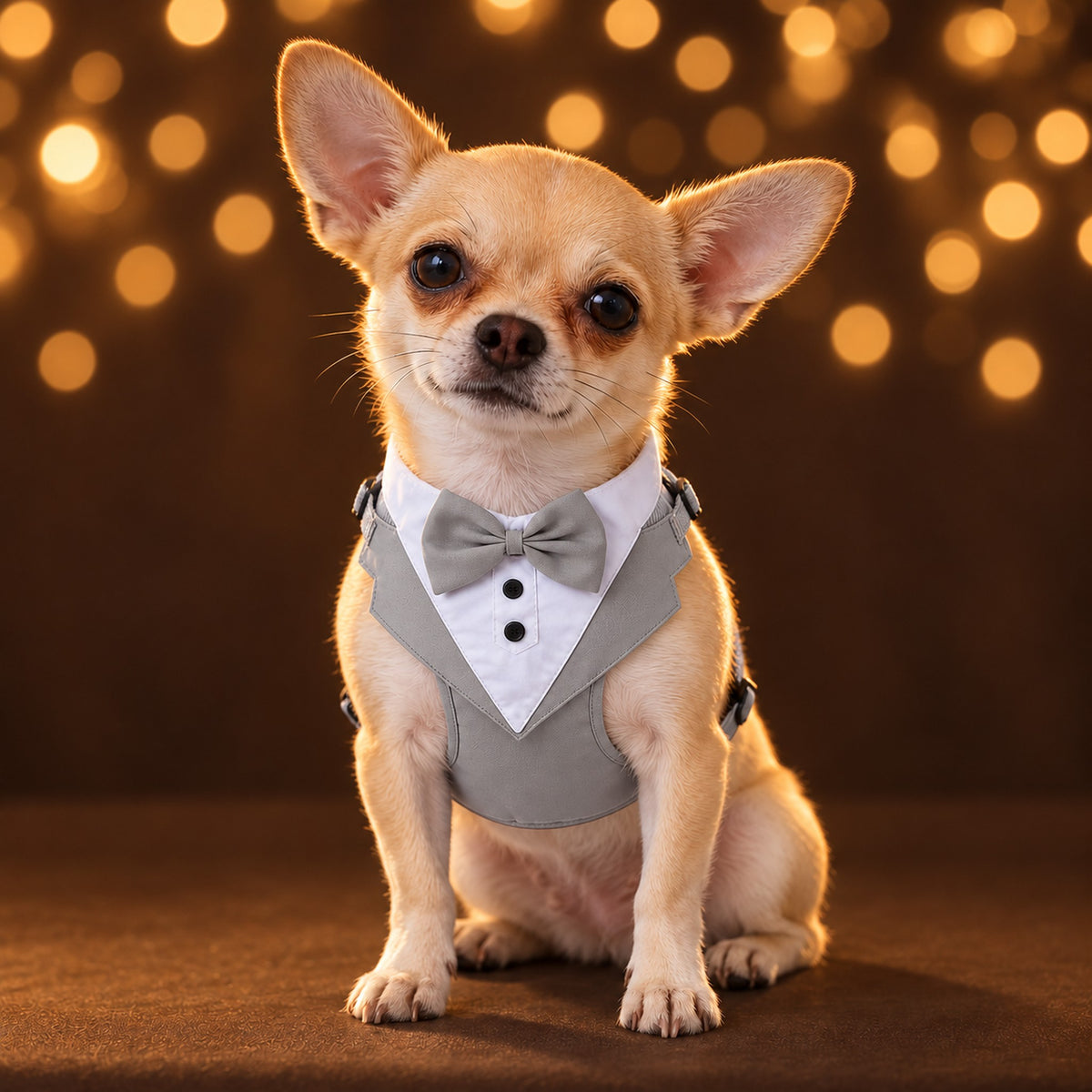 Fawn Chihuahua sitting in the gray tuxedo harness vest with a white shirt front and a gray bow tie