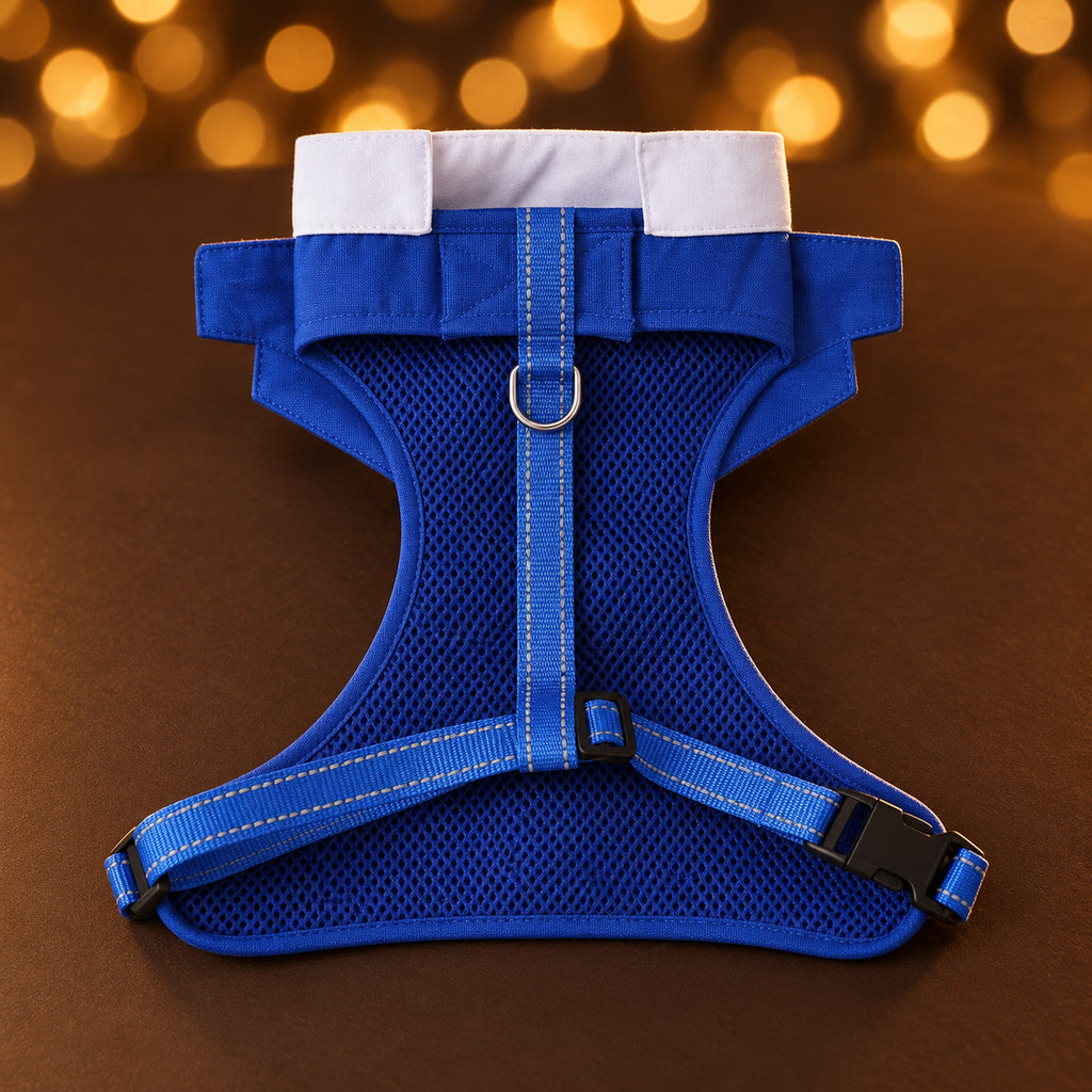 Back of the blue tuxedo vest laid flat: mesh panel, center strap with a metal D-ring, and chest straps with a side-release buckle