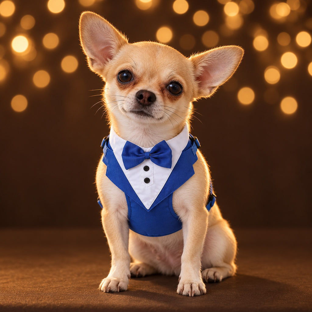 Fawn Chihuahua sitting in the blue tuxedo harness vest with a white shirt front and a blue bow tie