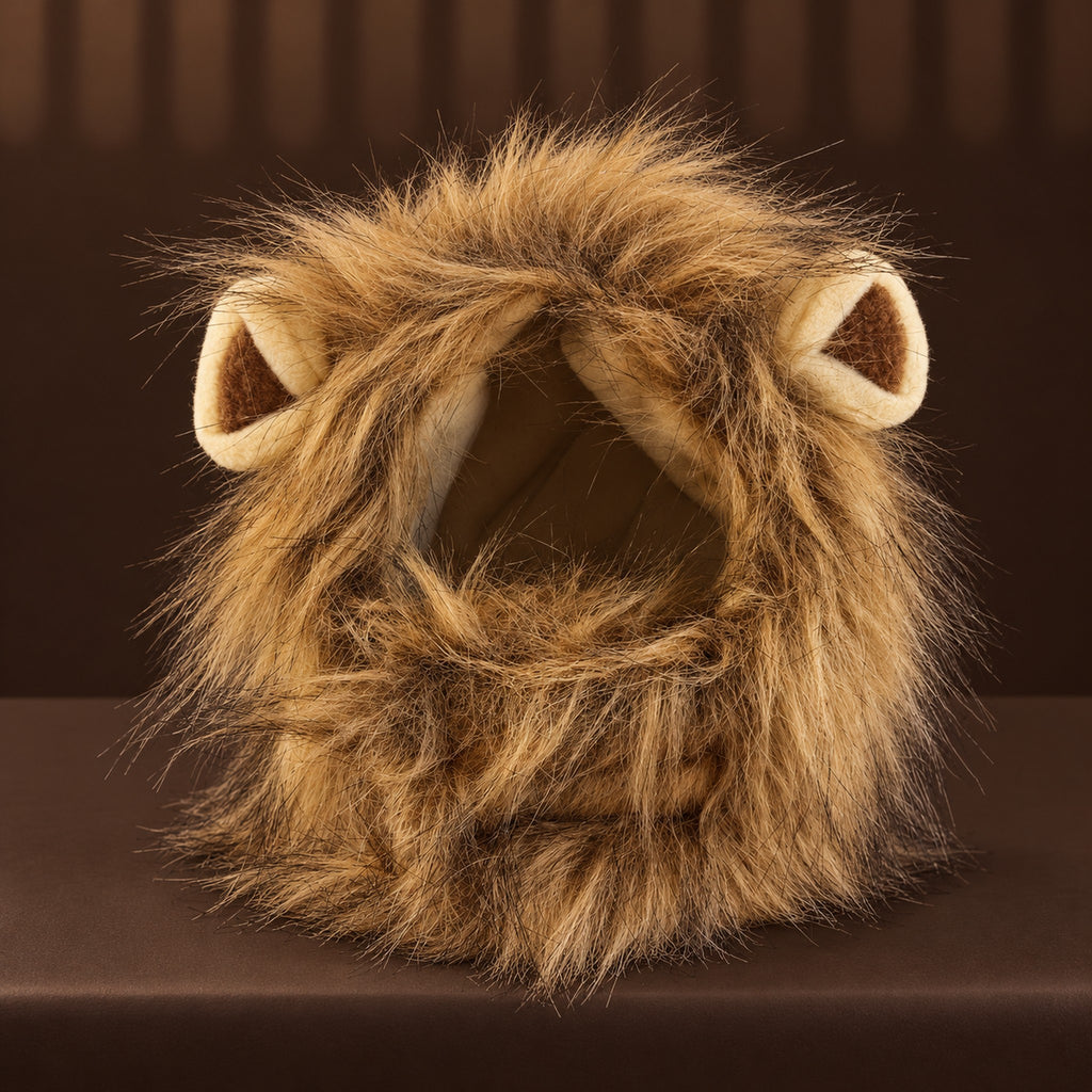 Lion mane wig hat on its own: a golden-brown faux-fur mane around an open face, with two round ears