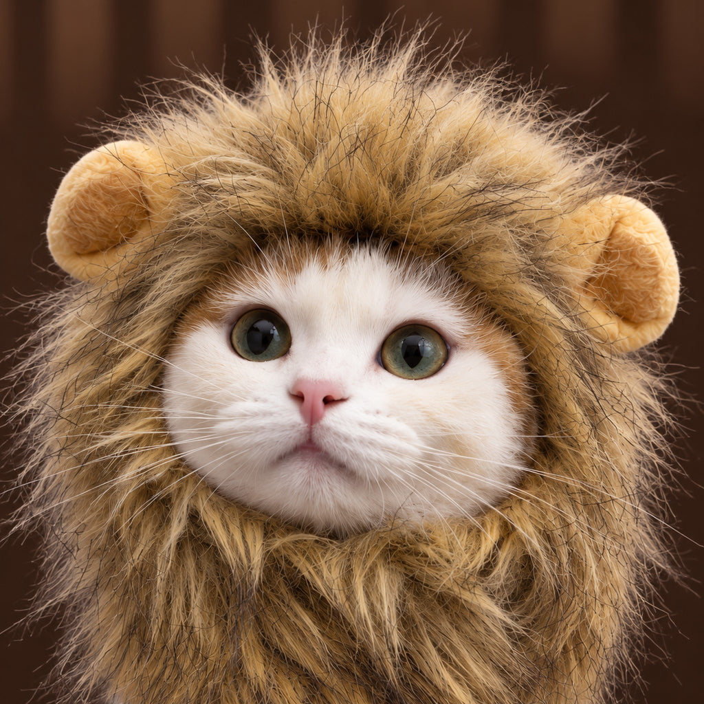Close-up of the lion mane's long faux-fur strands and round plush ears on a white cat
