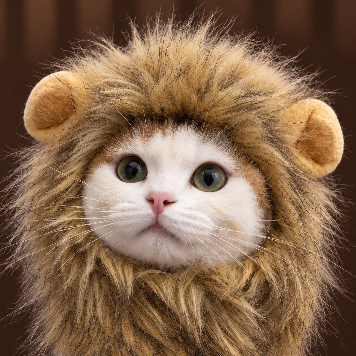 Close-up of the lion mane's long faux-fur strands and round plush ears on a white cat
