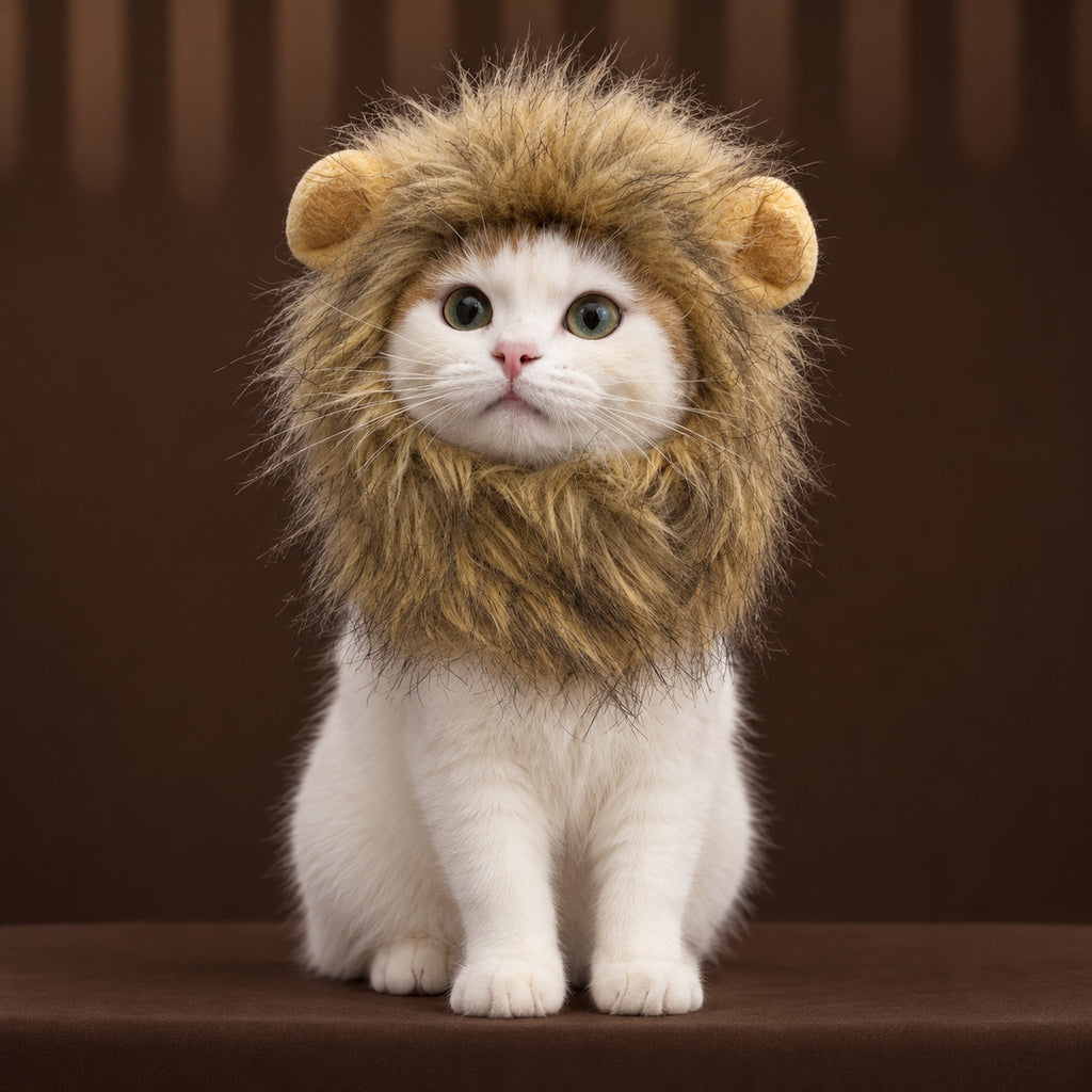 White cat wearing the lion mane wig hat: a fluffy golden-brown mane with two round ears