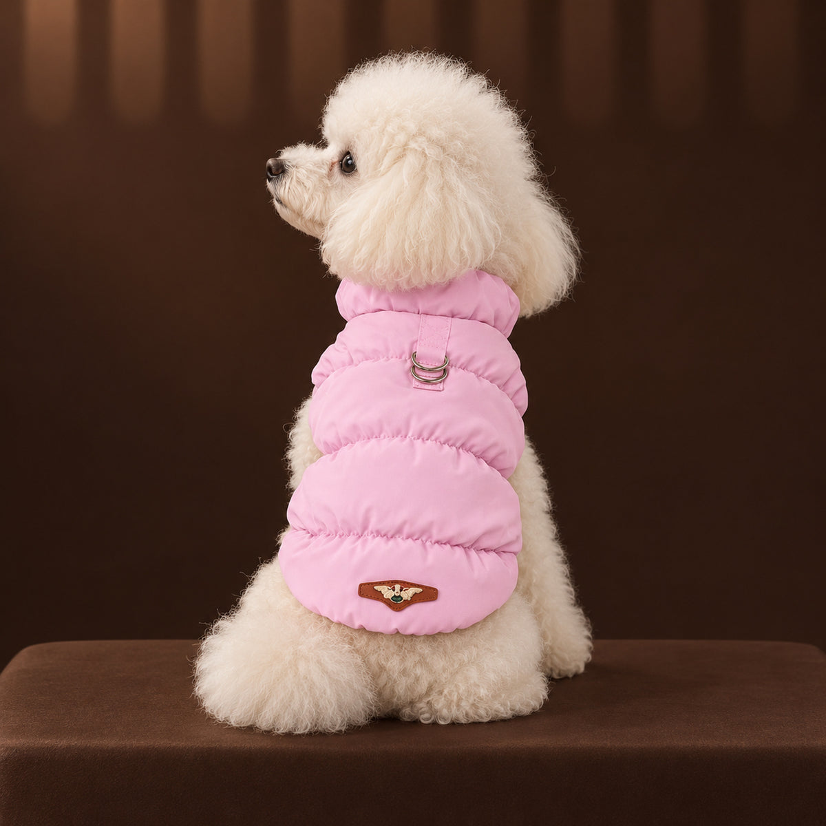White toy poodle in the pink padded coat, seen from behind
