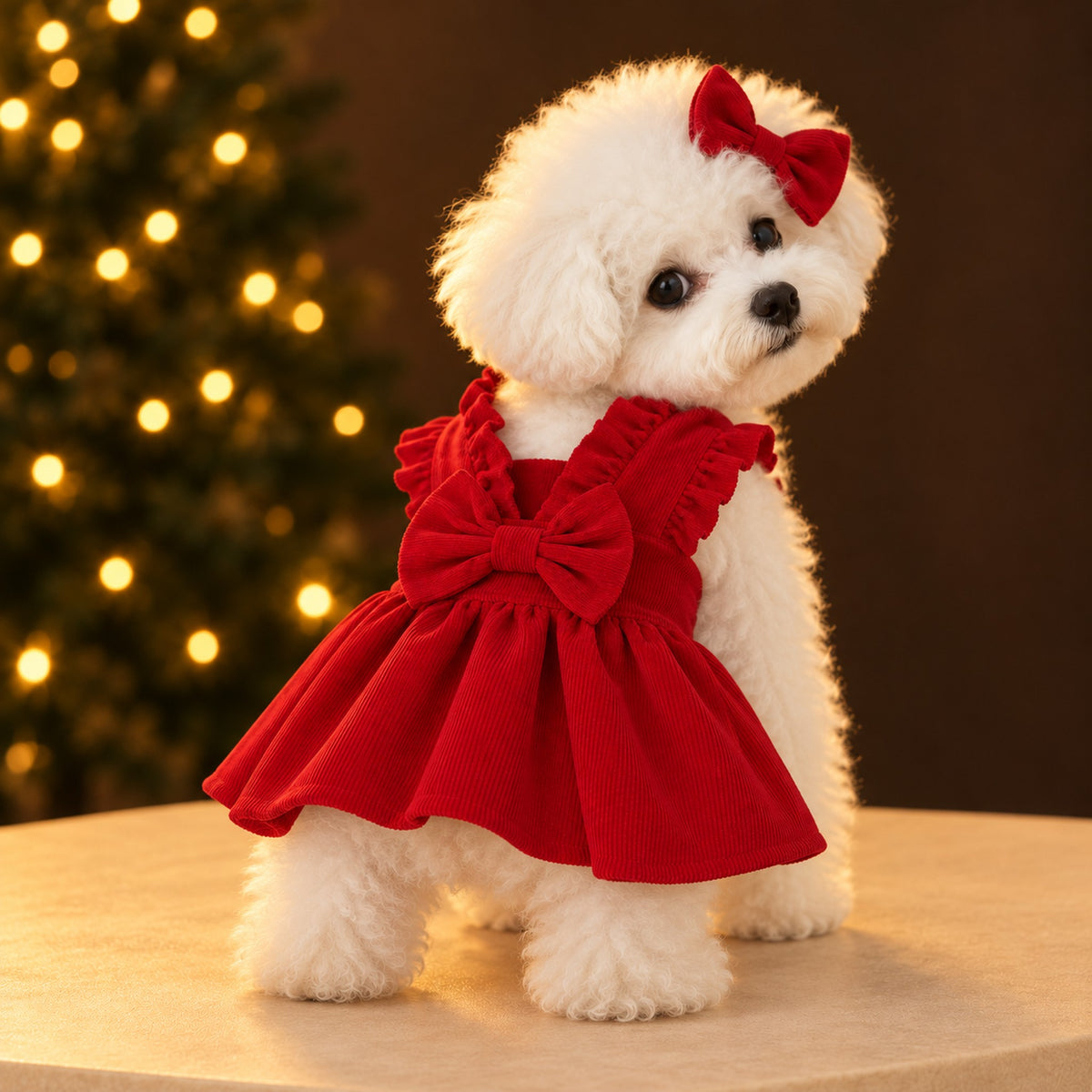 White Bichon standing in the red corduroy dress with ruffled straps, a chest bow and a flared skirt