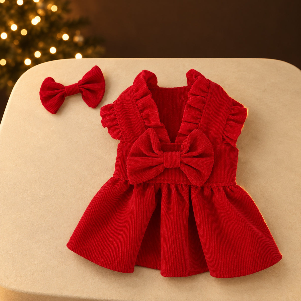 Red corduroy dress laid flat with ruffled straps and a sewn bow, next to the matching bow hair clip