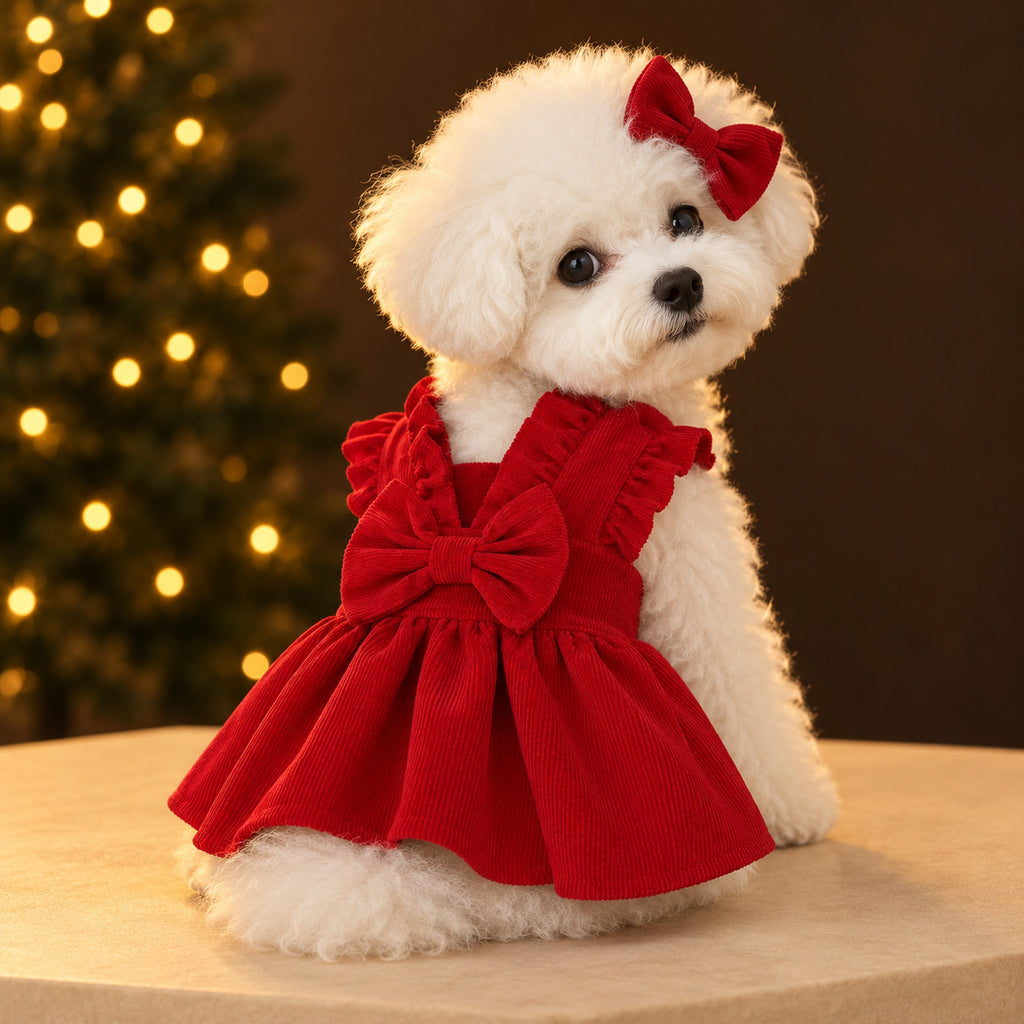 White Bichon sitting in the red corduroy dress with a bow on the chest and a matching bow clip on its head
