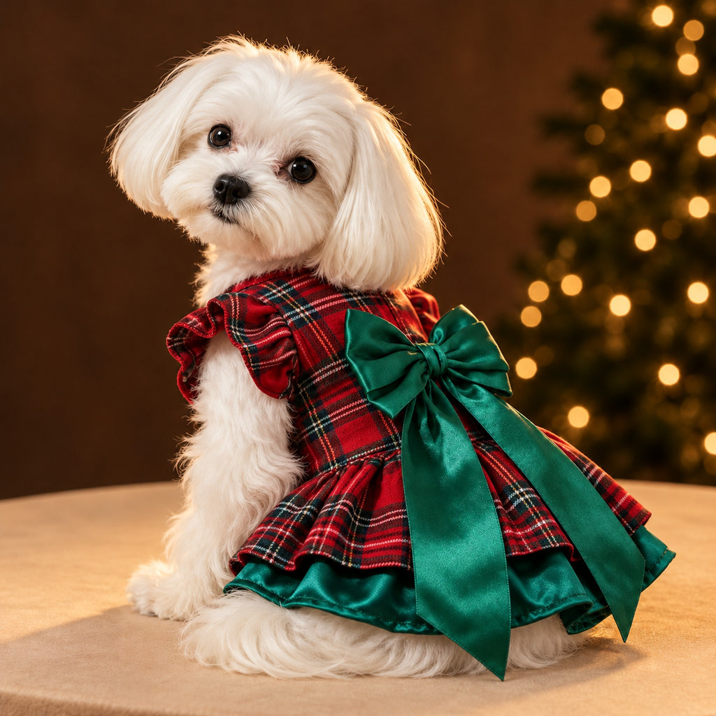 White Maltese sitting in the red plaid dress with a green satin underskirt and a big green satin bow on its back