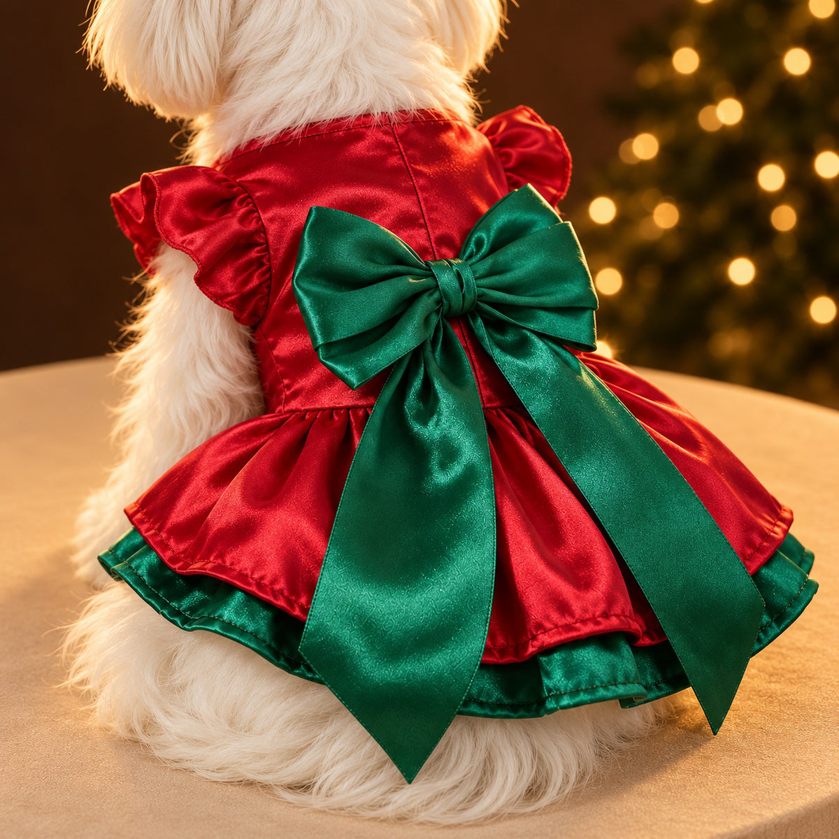 Close-up of the big green satin bow and its long tails on the back of the red satin dress