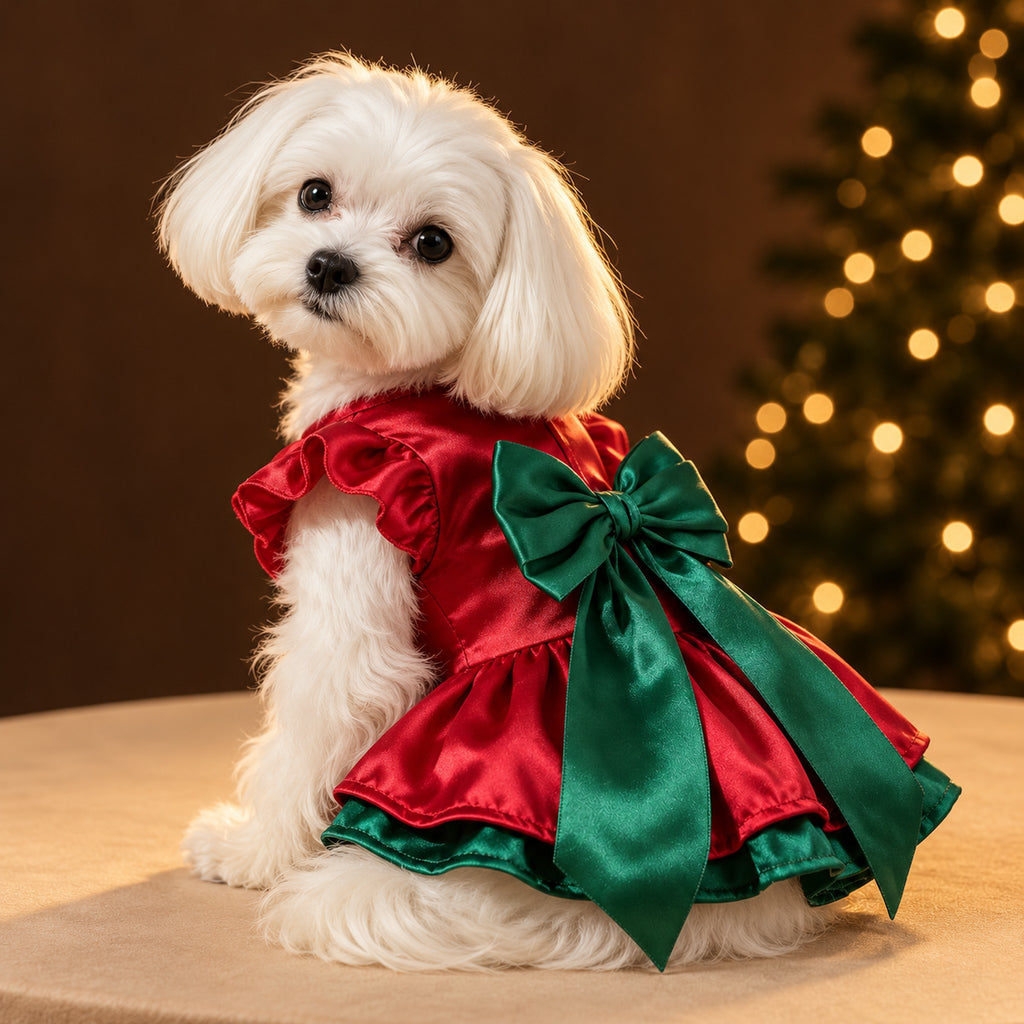 White Maltese sitting in the red satin dress, looking back over its shoulder, with a big green satin bow on its back