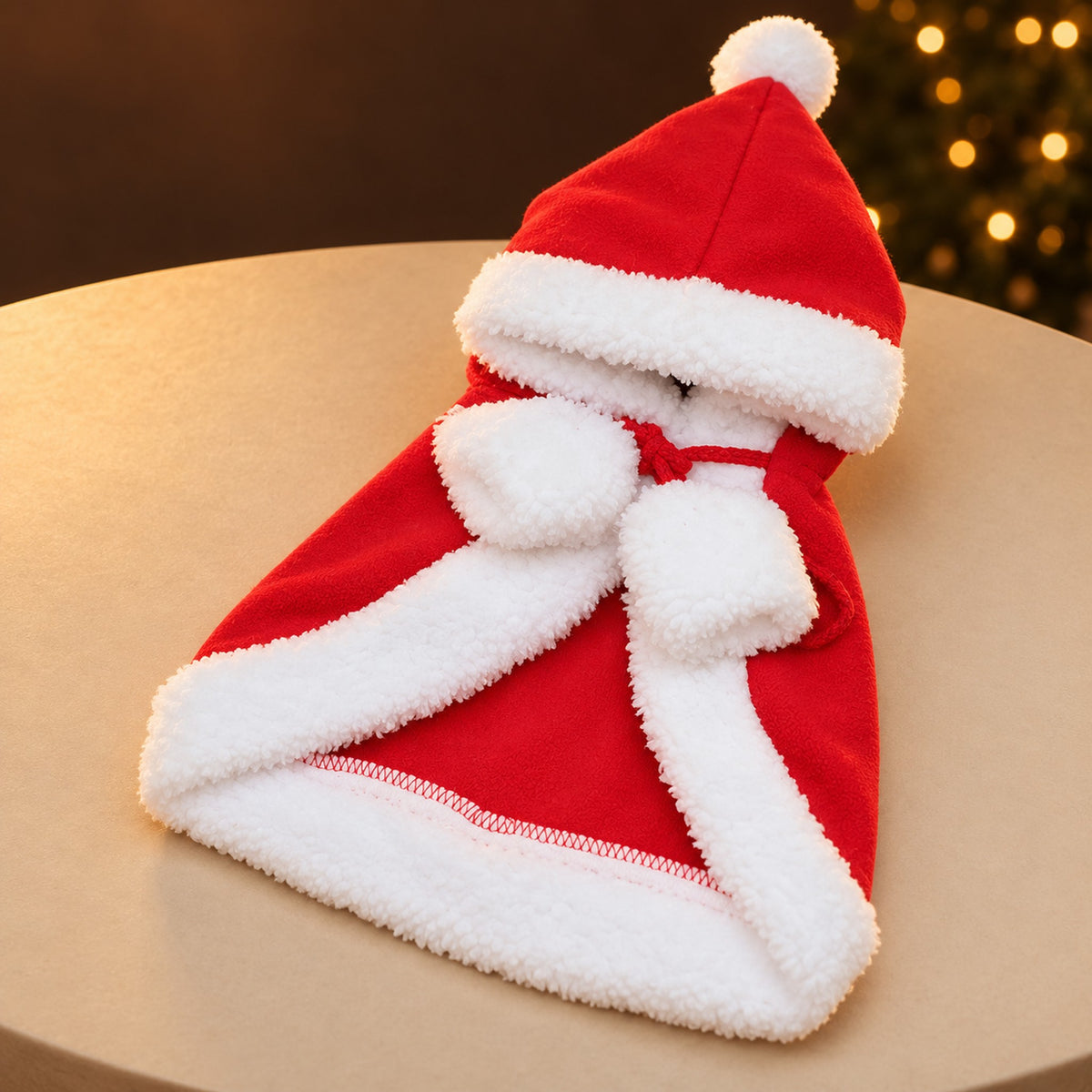 Red Santa hooded cape laid flat, with a white pom-pom on the hood and a red ribbon tie with white pom-poms