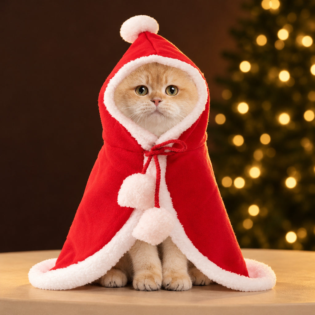 Ginger cat sitting in the red Santa hooded cape with white plush trim and pom-pom ties