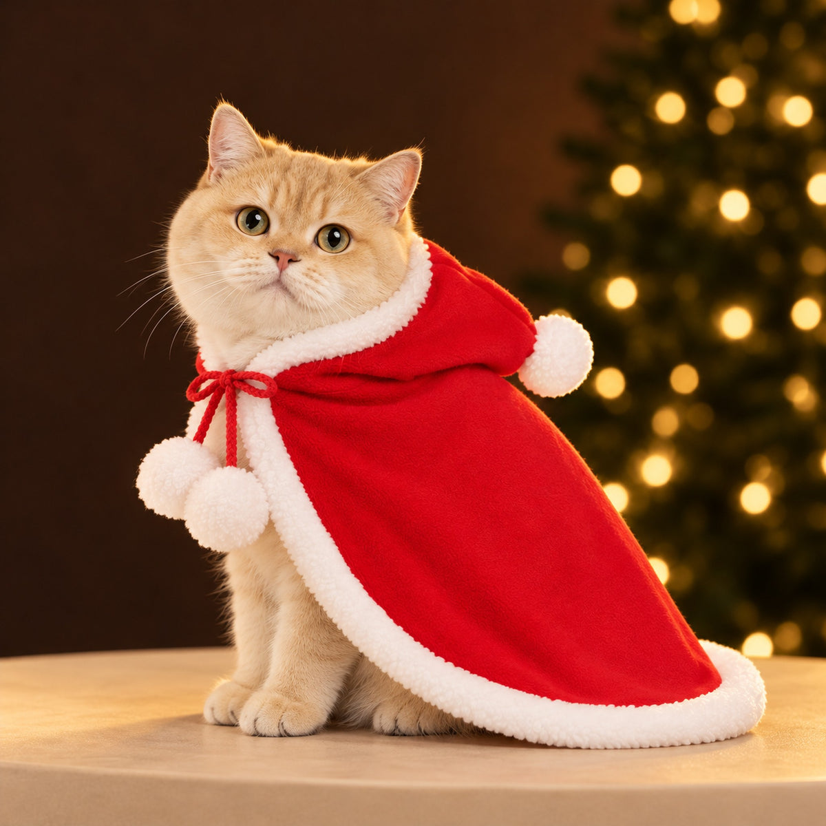 Ginger cat in profile in the red Santa cape, showing its length and the white trim along the hem