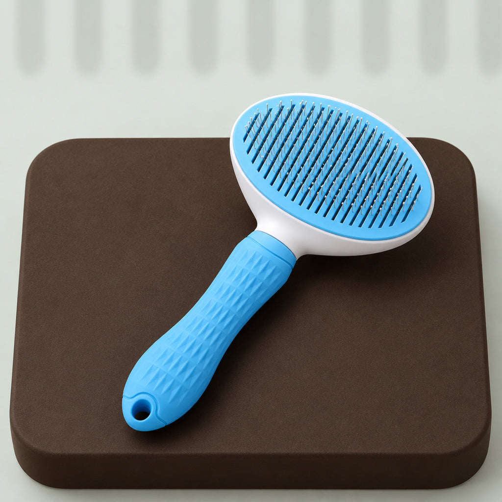 Blue and white self-cleaning slicker brush