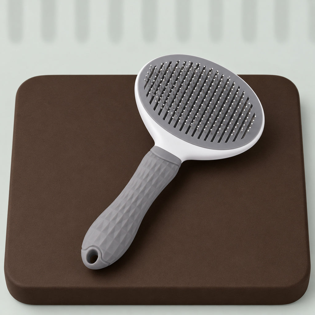 Gray and white self-cleaning slicker brush