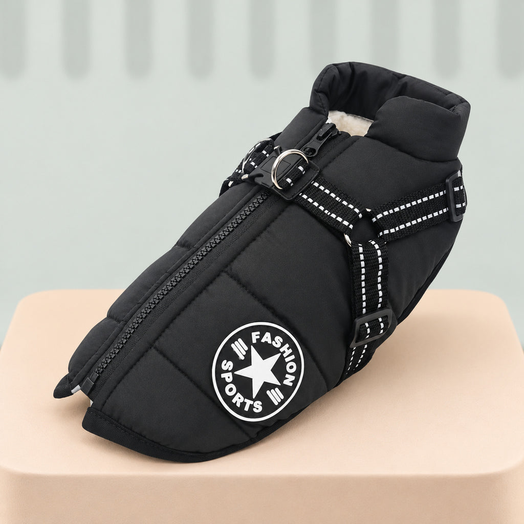 Black dog jacket with built-in harness and reflective straps