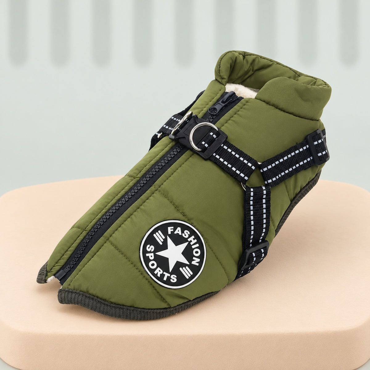 Army green dog jacket with built-in harness and reflective straps