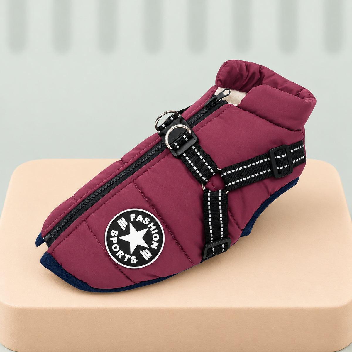 Purple (deep wine) dog jacket with built-in harness and reflective straps