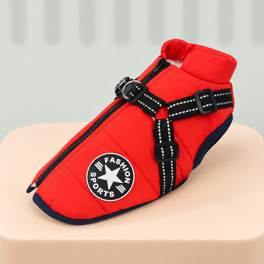 Red dog jacket with built-in harness and reflective straps