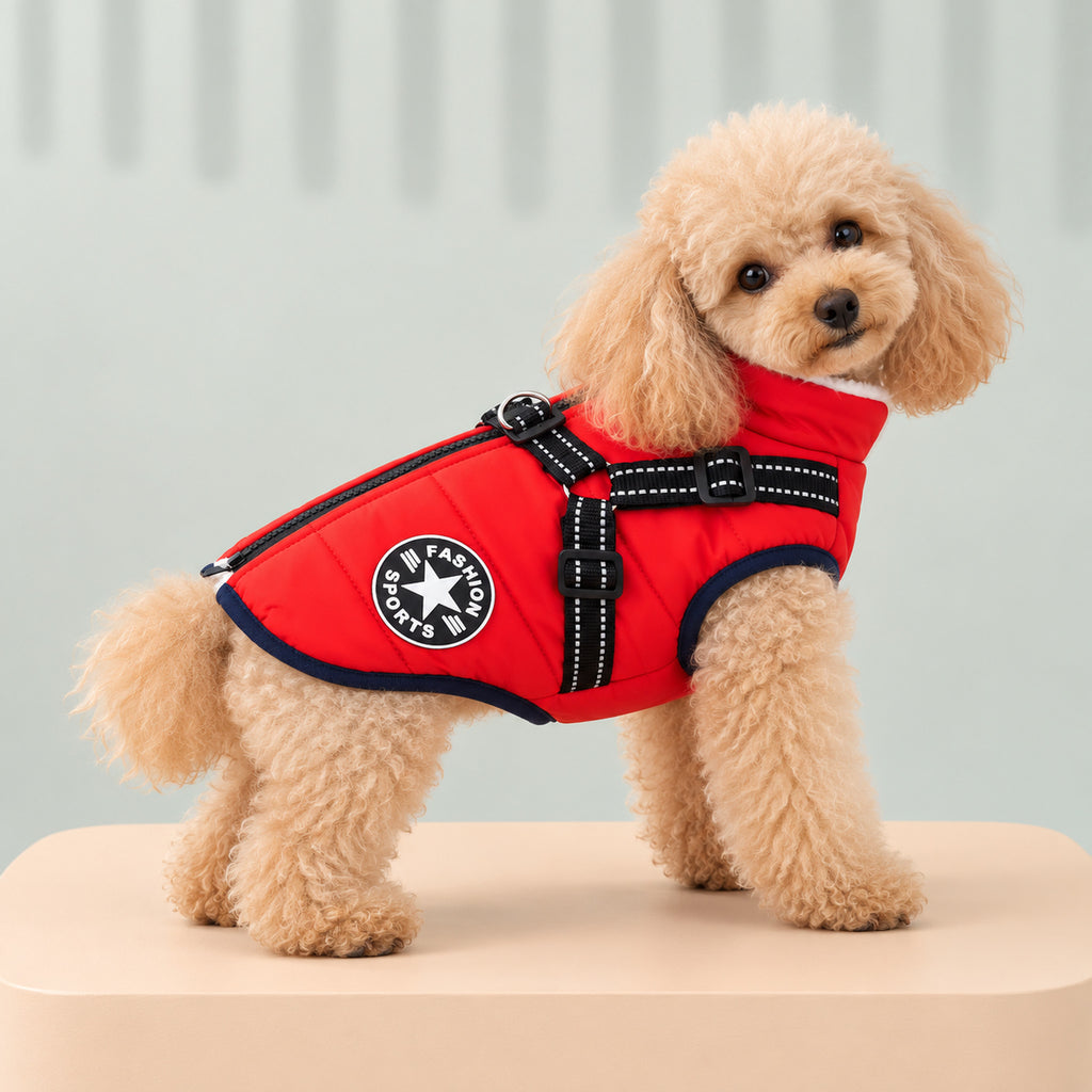 Apricot toy poodle wearing the red jacket with its built-in harness